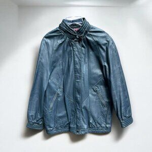 VINTAGE Leatherberry Gray Blue Moto Style Leather Jacket Modern Day Medium